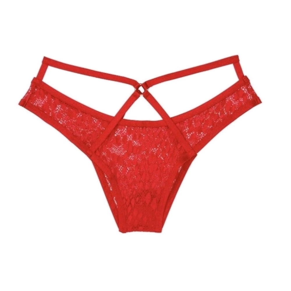Victoria's Secret Red Lace Sheer Strappy Ring Brazilian Panty